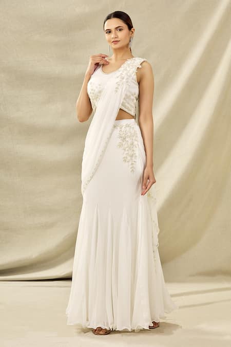 Buy Arpan Vohra White Tulle V Neck Embroidered Pre-draped Saree Set Online at Aza Fashions Buy_Arpan Vohra_White Tulle V Neck Embroidered Pre-draped Saree Set_Online_at_Aza_Fashions
