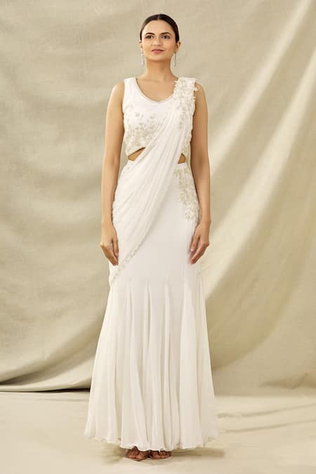 Shop Arpan Vohra White Tulle V Neck Embroidered Pre-draped Saree Set Online at Aza Fashions Shop_Arpan Vohra_White Tulle V Neck Embroidered Pre-draped Saree Set_Online_at_Aza_Fashions
