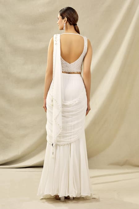 Shop_Arpan Vohra_White Tulle, Georgette V Neck Embroidered Lehenga Saree Set _at_Aza_Fashions