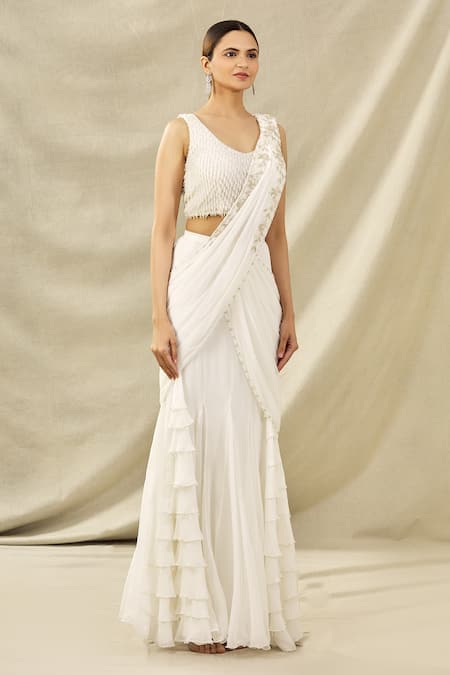Arpan Vohra_White Tulle, Georgette V Neck Embroidered Lehenga Saree Set _Online_at_Aza_Fashions