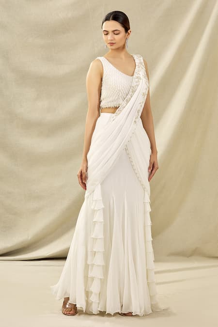 Buy_Arpan Vohra_White Tulle, Georgette V Neck Embroidered Lehenga Saree Set _Online_at_Aza_Fashions