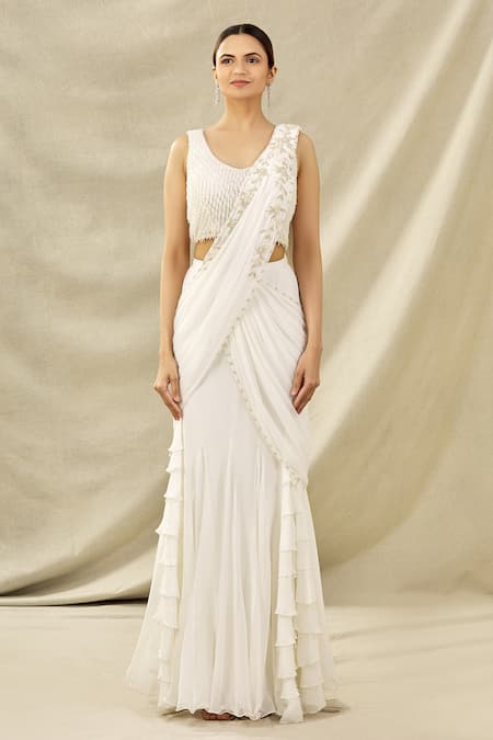 Shop_Arpan Vohra_White Tulle, Georgette V Neck Embroidered Lehenga Saree Set _Online_at_Aza_Fashions
