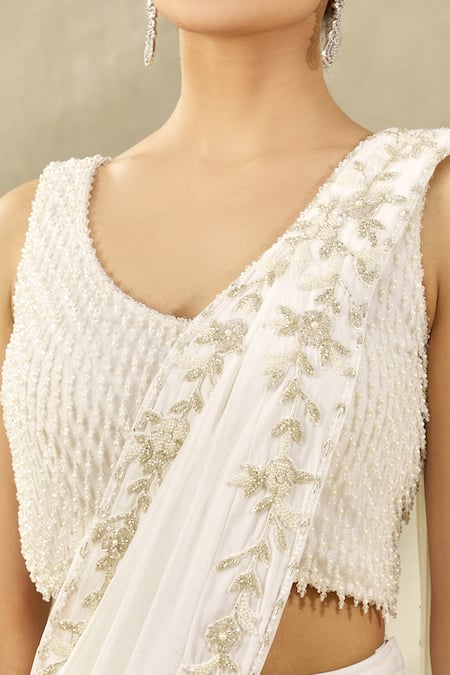 Arpan Vohra_White Tulle, Georgette V Neck Embroidered Lehenga Saree Set _at_Aza_Fashions