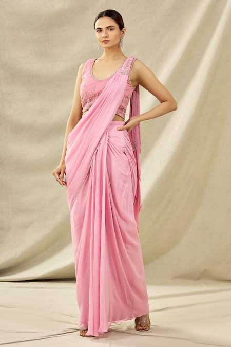 Arpan Vohra Pink Tulle, Georgette V Neck Pre-draped Saree With Embroidered Blouse