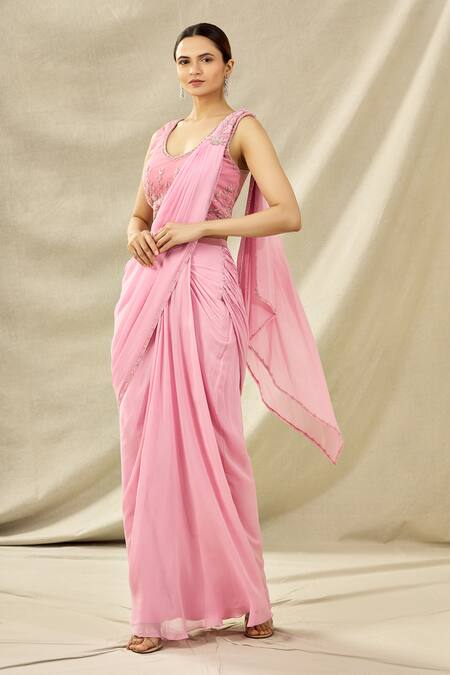 Buy Arpan Vohra Pink Tulle, Georgette V Neck Pre-draped Saree With Embroidered Blouse Online at Aza Fashions Buy_Arpan Vohra_Pink Tulle, Georgette V Neck Pre-draped Saree With Embroidered Blouse _Online_at_Aza_Fashions