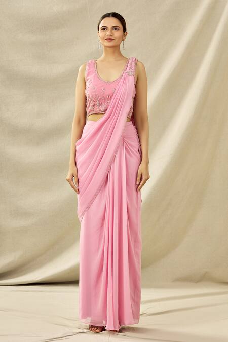 Shop Arpan Vohra Pink Tulle, Georgette V Neck Pre-draped Saree With Embroidered Blouse Online at Aza Fashions Shop_Arpan Vohra_Pink Tulle, Georgette V Neck Pre-draped Saree With Embroidered Blouse _Online_at_Aza_Fashions