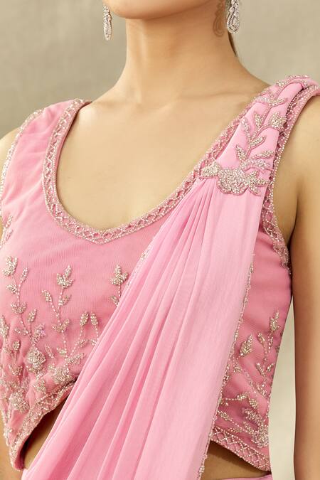 Arpan Vohra Pink Tulle, Georgette V Neck Pre-draped Saree With Embroidered Blouse at Aza Fashions Arpan Vohra_Pink Tulle, Georgette V Neck Pre-draped Saree With Embroidered Blouse _at_Aza_Fashions