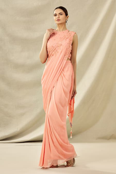 ARPAN VOHRA Peach Tulle Halter Embroidered Pre-draped Saree Set 