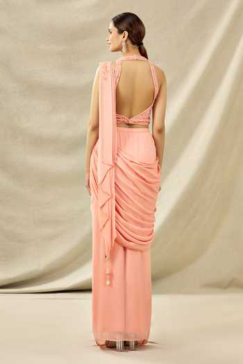 Shop Arpan Vohra Peach Tulle, Georgette Halter Embroidered Pre-draped Saree Set at Aza Fashions Shop_Arpan Vohra_Peach Tulle, Georgette Halter Embroidered Pre-draped Saree Set_at_Aza_Fashions