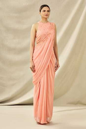 Arpan Vohra Peach Tulle, Georgette Halter Embroidered Pre-draped Saree Set Online at Aza Fashions Arpan Vohra_Peach Tulle, Georgette Halter Embroidered Pre-draped Saree Set_Online_at_Aza_Fashions