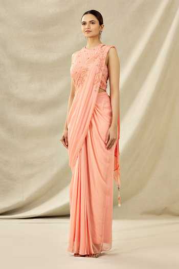Buy Arpan Vohra Peach Tulle, Georgette Halter Embroidered Pre-draped Saree Set Online at Aza Fashions Buy_Arpan Vohra_Peach Tulle, Georgette Halter Embroidered Pre-draped Saree Set_Online_at_Aza_Fashions