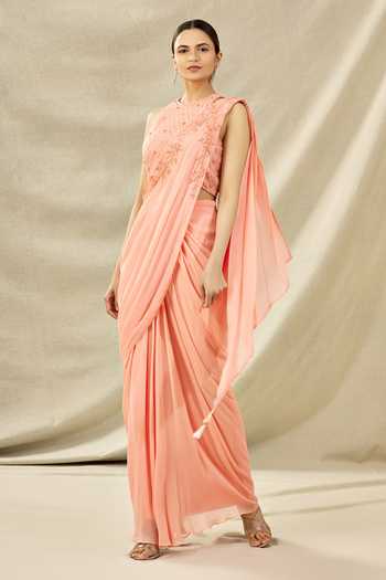 Shop Arpan Vohra Peach Tulle, Georgette Halter Embroidered Pre-draped Saree Set Online at Aza Fashions Shop_Arpan Vohra_Peach Tulle, Georgette Halter Embroidered Pre-draped Saree Set_Online_at_Aza_Fashions