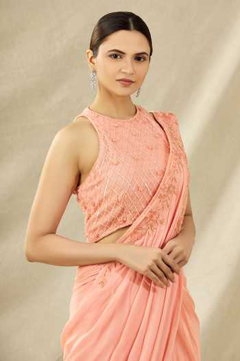 Arpan Vohra Peach Tulle, Georgette Halter Embroidered Pre-draped Saree Set at Aza Fashions Arpan Vohra_Peach Tulle, Georgette Halter Embroidered Pre-draped Saree Set_at_Aza_Fashions
