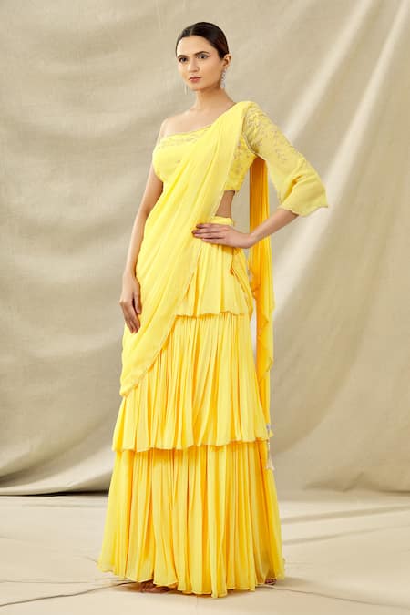 ARPAN VOHRA Yellow Tulle Asymmetric Lehenga Saree And One Shoulder Blouse Set