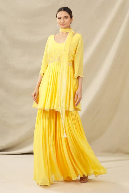 Arpan Vohra Yellow Tulle, Georgette V Neck Embroidered Kurta Set