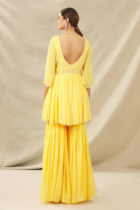 Shop Arpan Vohra Yellow Tulle, Georgette V Neck Embroidered Kurta Set at Aza Fashions Shop_Arpan Vohra_Yellow Tulle, Georgette V Neck Embroidered Kurta Set_at_Aza_Fashions