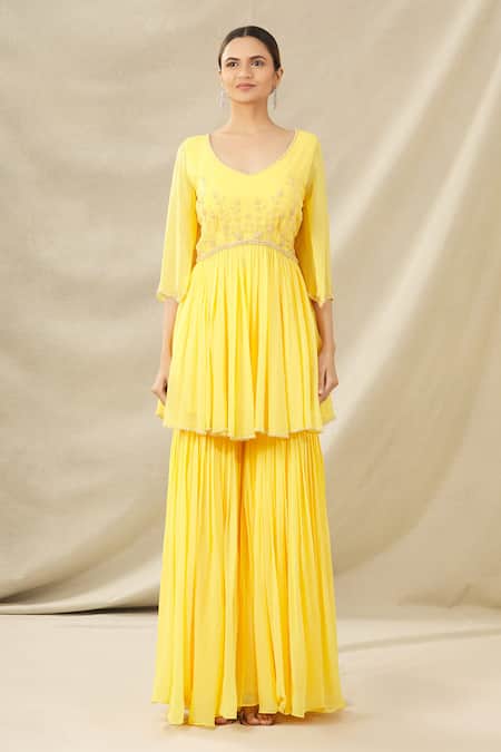 Buy Arpan Vohra Yellow Tulle, Georgette V Neck Embroidered Kurta Set Online at Aza Fashions Buy_Arpan Vohra_Yellow Tulle, Georgette V Neck Embroidered Kurta Set_Online_at_Aza_Fashions