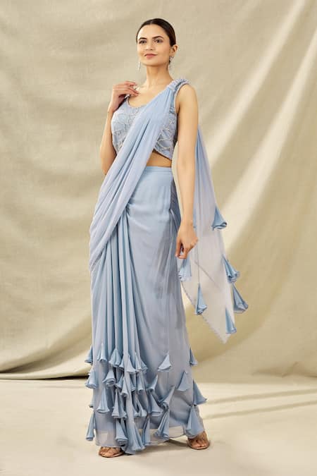 Arpan Vohra Blue Tulle, Georgette Scoop Neck Embroidered Pre-draped Saree Set
