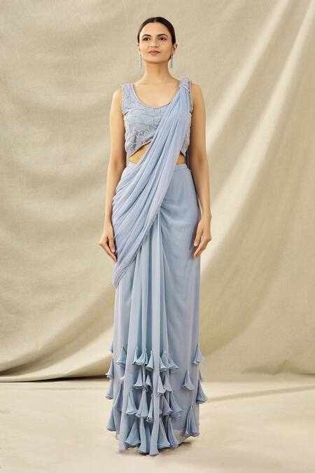 Shop_Arpan Vohra_Blue Tulle, Georgette Scoop Neck Embroidered Pre-draped Saree Set _Online_at_Aza_Fashions