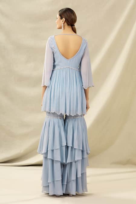 Shop Arpan Vohra Blue Tulle, Georgette V Neck Embroidered Kurta And Sharara Set at Aza Fashions Shop_Arpan Vohra_Blue Tulle, Georgette V Neck Embroidered Kurta And Sharara Set_at_Aza_Fashions