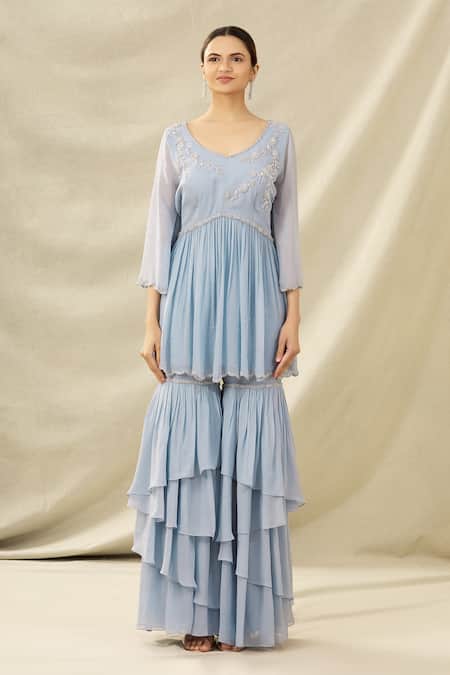 Buy Arpan Vohra Blue Tulle, Georgette V Neck Embroidered Kurta And Sharara Set Online at Aza Fashions Buy_Arpan Vohra_Blue Tulle, Georgette V Neck Embroidered Kurta And Sharara Set_Online_at_Aza_Fashions