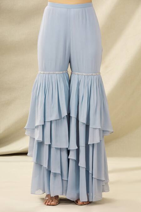 Shop Arpan Vohra Blue Tulle, Georgette V Neck Embroidered Kurta And Sharara Set Online at Aza Fashions Shop_Arpan Vohra_Blue Tulle, Georgette V Neck Embroidered Kurta And Sharara Set_Online_at_Aza_Fashions