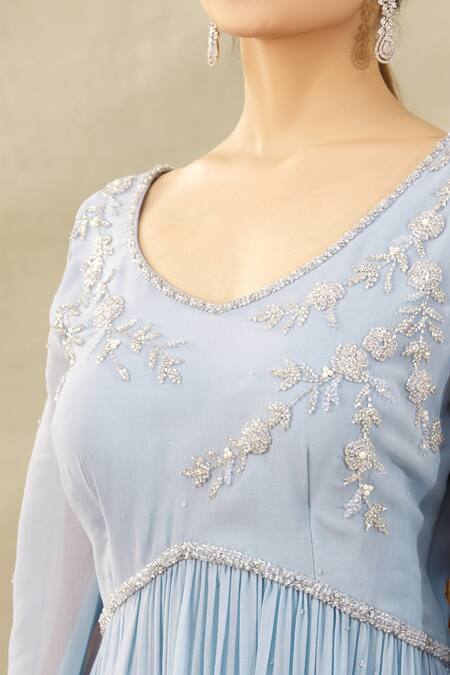 Arpan Vohra Blue Tulle, Georgette V Neck Embroidered Kurta And Sharara Set at Aza Fashions Arpan Vohra_Blue Tulle, Georgette V Neck Embroidered Kurta And Sharara Set_at_Aza_Fashions