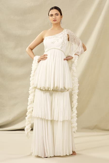 Arpan Vohra White Tulle Asymmetric Embroidered One Shoulder Kurta Set