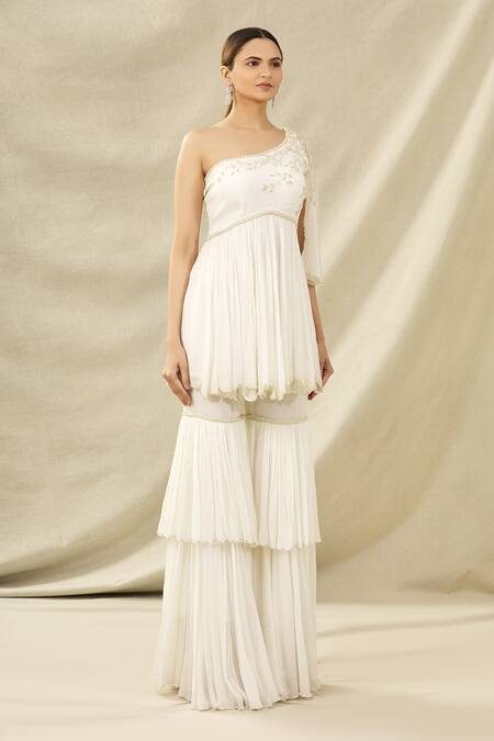 Arpan Vohra_White Tulle Asymmetric Embroidered One Shoulder Kurta Set _Online_at_Aza_Fashions