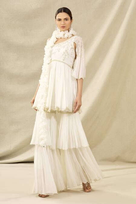 Buy_Arpan Vohra_White Tulle Asymmetric Embroidered One Shoulder Kurta Set _Online_at_Aza_Fashions