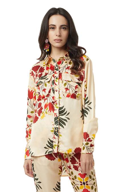 Ankita_Beige Slub Satin Spread Collar Floral Print High Low Shirt _Online_at_Aza_Fashions