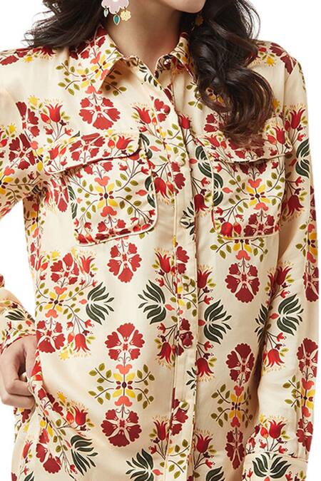 Buy_Ankita_Beige Slub Satin Spread Collar Floral Print High Low Shirt 