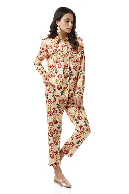 Ankita_Beige Slub Satin Floral Print Pants  _Online_at_Aza_Fashions