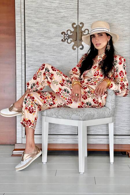Buy_Ankita_Beige Slub Satin Floral Print Pants  _Online_at_Aza_Fashions