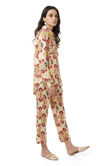 Shop_Ankita_Beige Slub Satin Floral Print Pants  _Online_at_Aza_Fashions