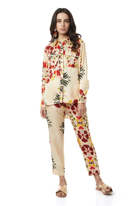 Ankita_Beige Slub Satin Floral Print Pants  _Online_at_Aza_Fashions