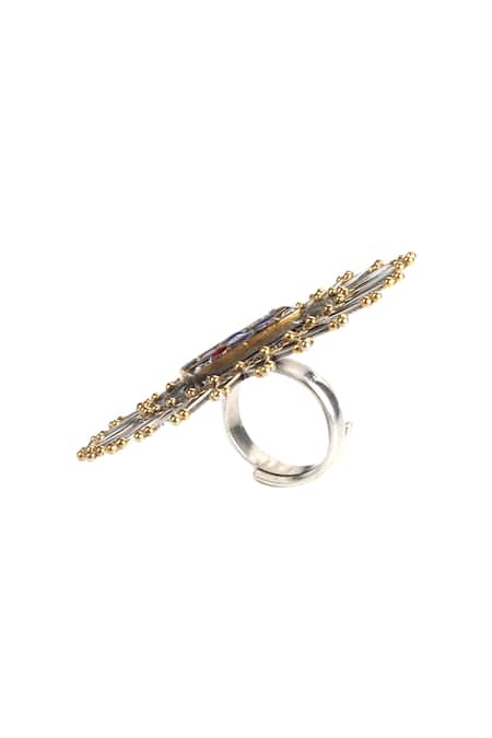 Buy_Sangeeta Boochra_Silver Plated Gota Patti, Diamonds Handmade Kundan Ring _Online_at_Aza_Fashions
