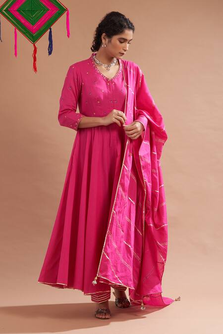 HOUSE OF PINK Pink Cotton Embroidered Anarkali Set