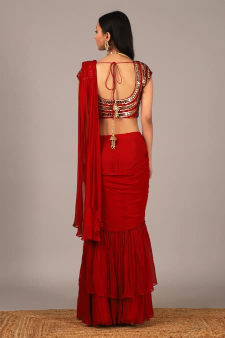 Shop_Nidhika Shekhar_Red Silk Georgette Scoop Neck Ruffle Pre-draped Saree With Blouse  _at_Aza_Fashions