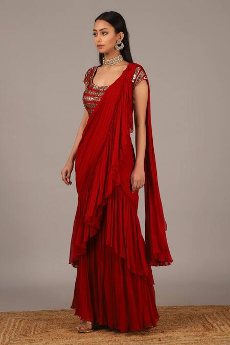 Nidhika Shekhar_Red Silk Georgette Scoop Neck Ruffle Pre-draped Saree With Blouse  _Online_at_Aza_Fashions