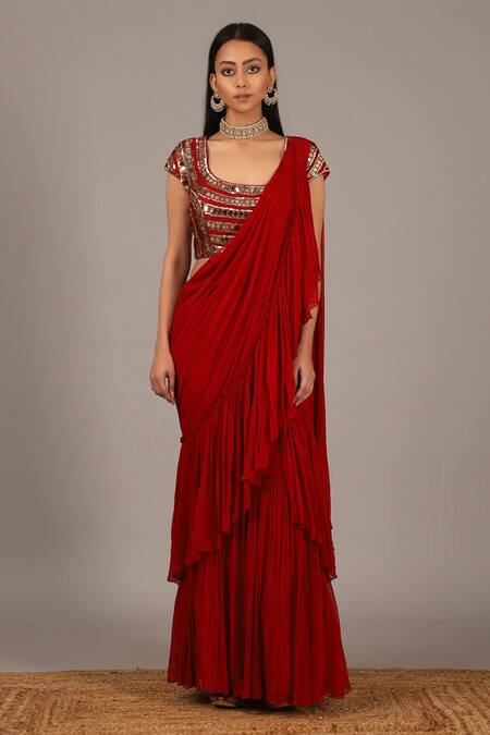 Buy_Nidhika Shekhar_Red Silk Georgette Scoop Neck Ruffle Pre-draped Saree With Blouse  _Online_at_Aza_Fashions