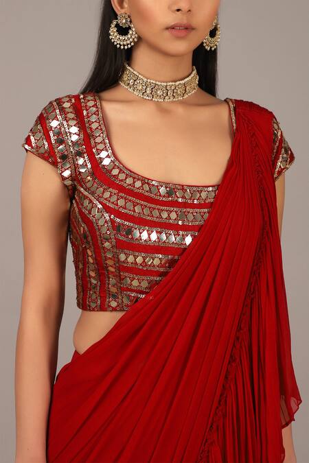 Shop_Nidhika Shekhar_Red Silk Georgette Scoop Neck Ruffle Pre-draped Saree With Blouse  _Online_at_Aza_Fashions