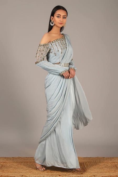 Nidhika Shekhar Blue Silk Crepe Asymmetric Pre-draped Saree With One Shoulder Blouse  