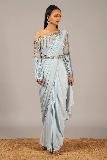 Nidhika Shekhar Blue Net, Crepe, Chiffon Pre-draped Saree With One Shoulder Blouse Online at Aza Fashions Nidhika Shekhar_Blue Net, Crepe, Chiffon Pre-draped Saree With One Shoulder Blouse _Online_at_Aza_Fashions