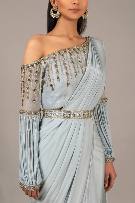 Buy Nidhika Shekhar Blue Net, Crepe, Chiffon Pre-draped Saree With One Shoulder Blouse Online at Aza Fashions Buy_Nidhika Shekhar_Blue Net, Crepe, Chiffon Pre-draped Saree With One Shoulder Blouse _Online_at_Aza_Fashions