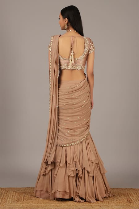 Shop_Nidhika Shekhar_Pink Silk Georgette Scoop Neck Embroidered Lehenga Saree Set _at_Aza_Fashions