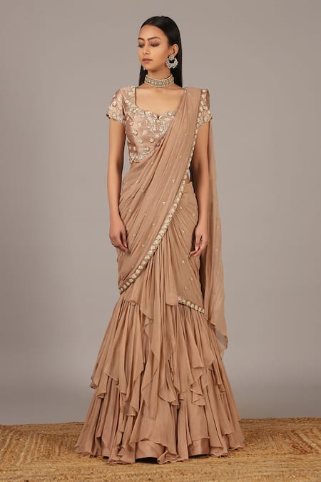 Nidhika Shekhar_Pink Silk Georgette Scoop Neck Embroidered Lehenga Saree Set _Online_at_Aza_Fashions