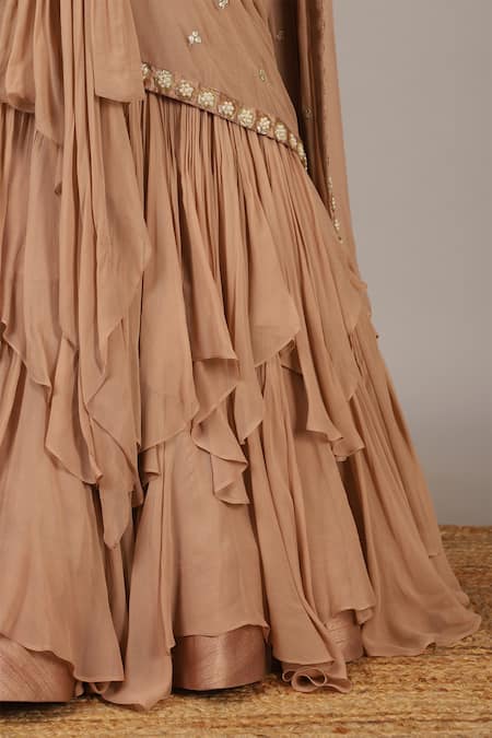 Buy_Nidhika Shekhar_Pink Silk Georgette Scoop Neck Embroidered Lehenga Saree Set _Online_at_Aza_Fashions