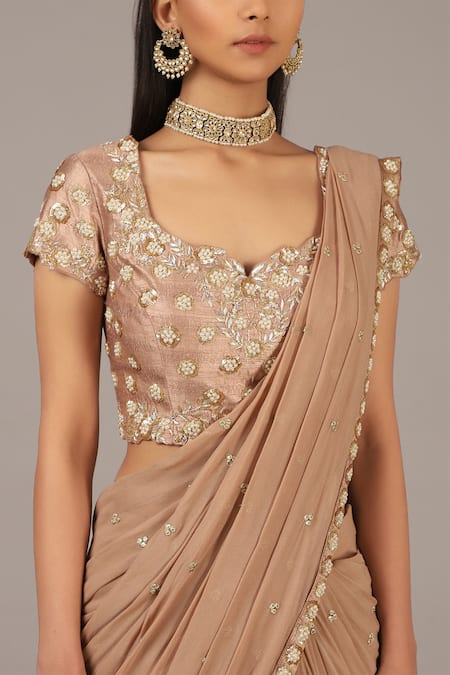 Shop_Nidhika Shekhar_Pink Silk Georgette Scoop Neck Embroidered Lehenga Saree Set _Online_at_Aza_Fashions