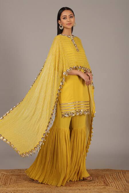 Nidhika Shekhar_Yellow Crepe Georgette Round Embroidered Kurta And Sharara Set _Online_at_Aza_Fashions